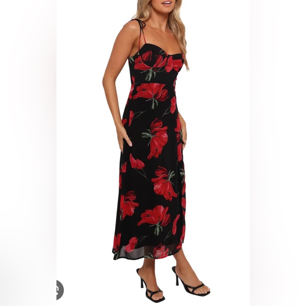 Petal & Pup Meg Floral Print Bustier Dress, black with red floral